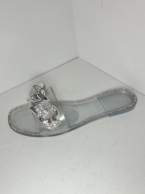 Clear Silver Chain-Embellished Slide Sandal